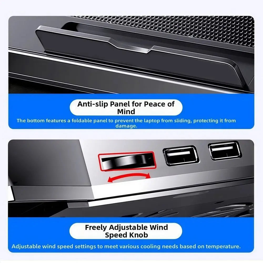 Close-up view of a black laptop cooling pad featuring an anti-slip panel and a freely adjustable wind speed knob.