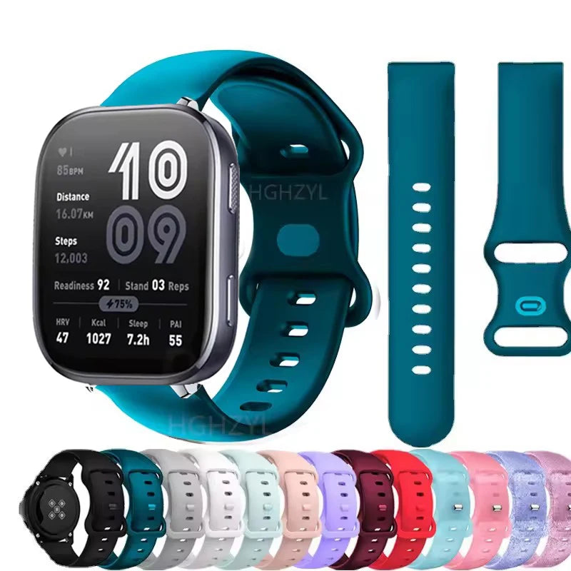 A silicone watchband for an Amazfit Bip 6 shown alongside a smartwatch and various colored silicone bands.