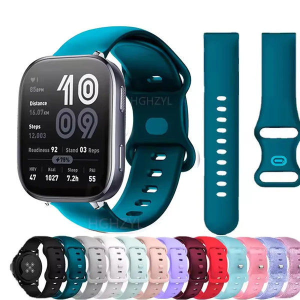 A silicone watchband for an Amazfit Bip 6 shown alongside a smartwatch and various colored silicone bands.