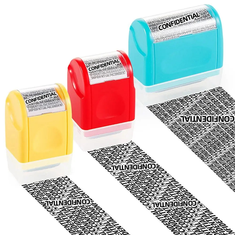 A set of reusable confidential roller stamps in yellow and red plastic containers with black text on a white background.