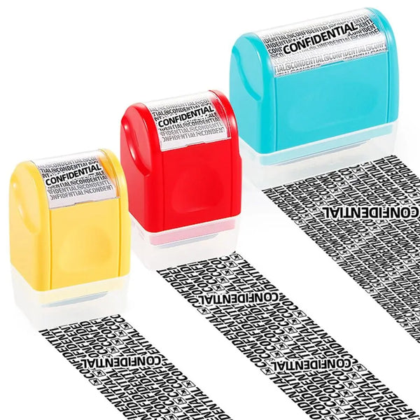 Set wiederverwendbarer Geheimstempel in gelben und roten Plastikbehältern mit schwarzem Text auf weißem Hintergrund