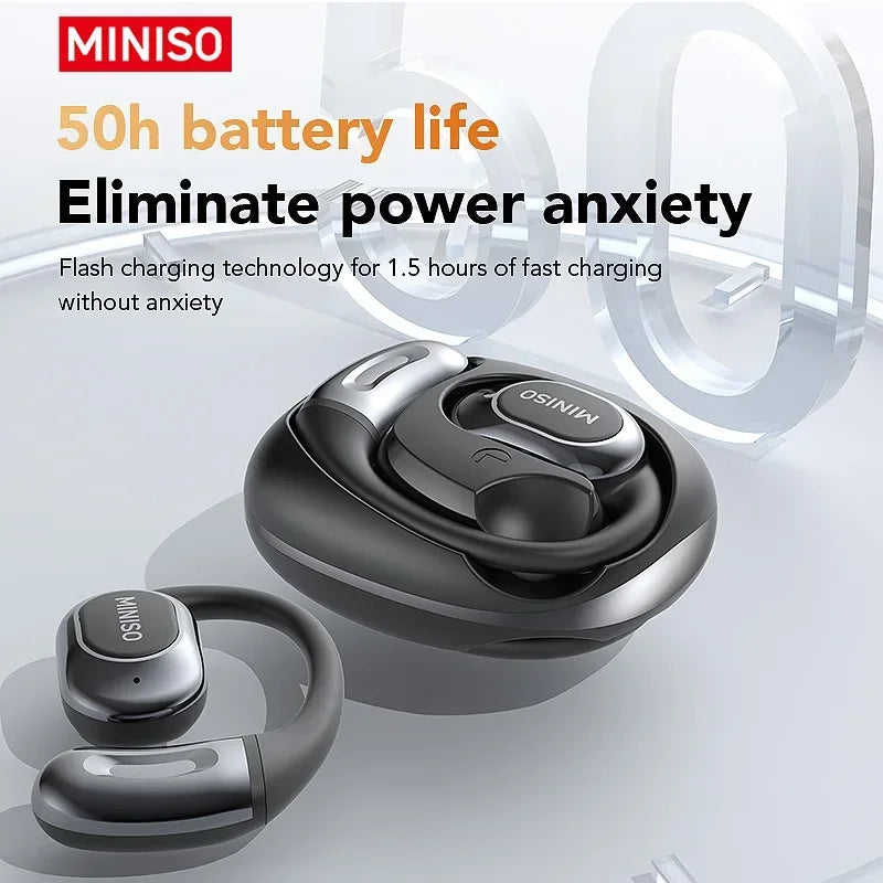 A black open-ear wireless sports earbud is shown on a white background with surrounding text promoting 50h battery life and f