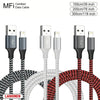 A set of black and gray MFi certified Lightning data cables with various connector types shown against a white background.