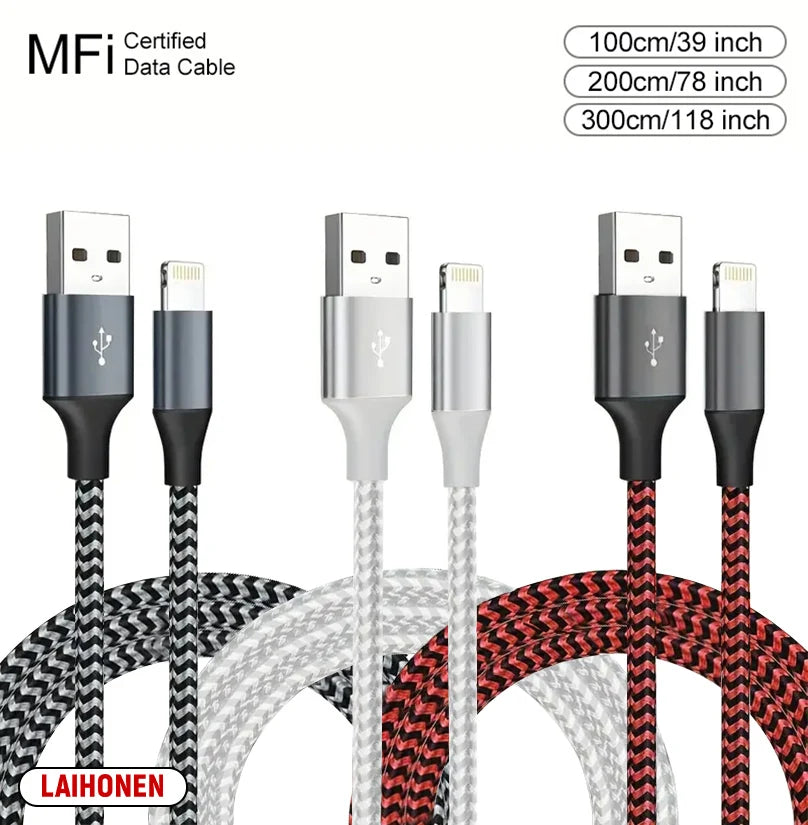 A set of black and gray MFi certified Lightning data cables with various connector types shown against a white background.