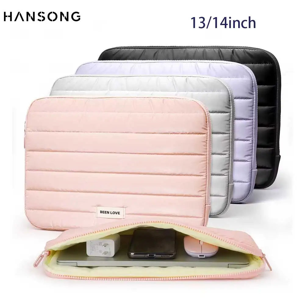 A pink padded laptop sleeve is shown open, displaying a silver tablet and a purple mouse.