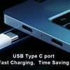 Close-up of a laptop showing a USB Type C port with a white adapter plugged in, highlighting fast charging and time saving fe