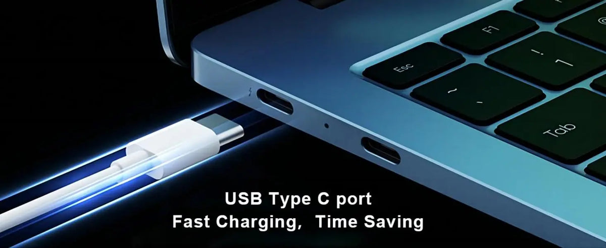 Close-up of a laptop showing a USB Type C port with a white adapter plugged in, highlighting fast charging and time saving fe