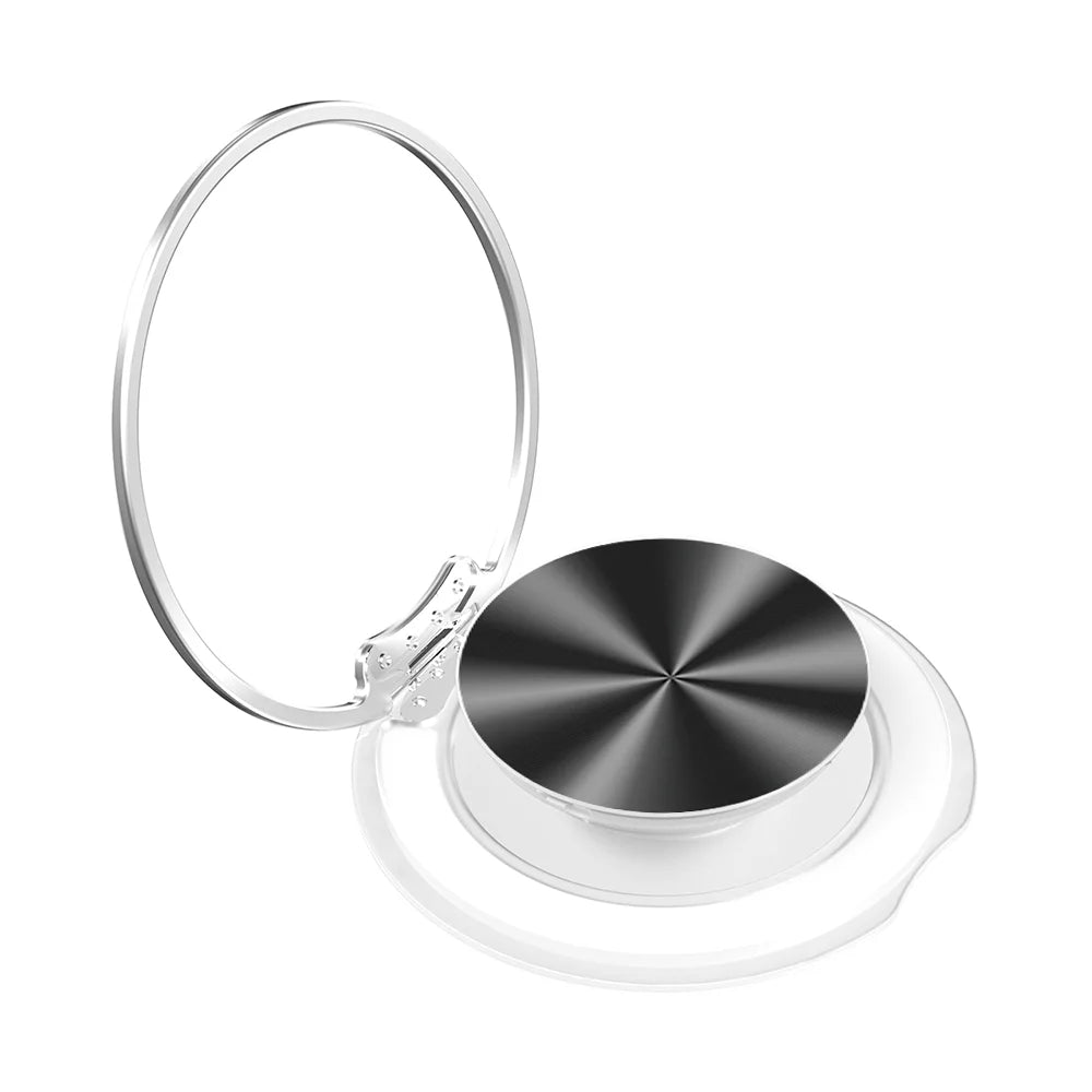 A silver magnetic phone ring holder and stand with a universal adapter.