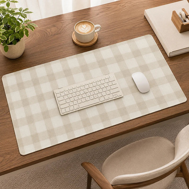 A beige plaid pattern non-slip mouse pad is placed on a wooden desk next to a laptop and a coffee cup.