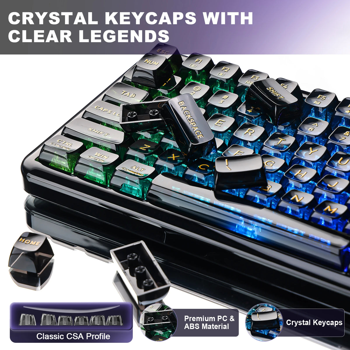 A close-up view of a black mechanical keyboard with clear crystal keycaps and blue LED lighting.