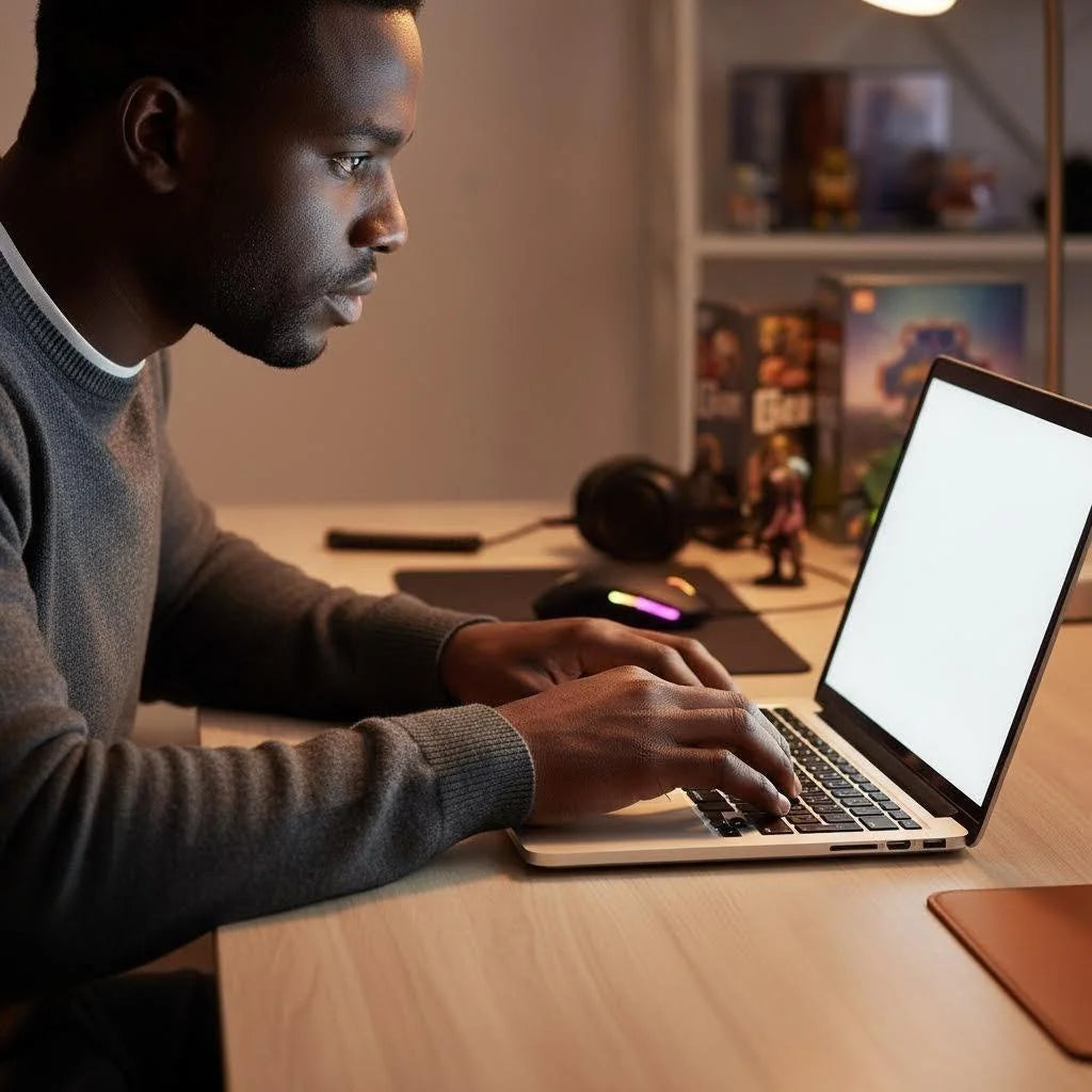 A man is typing on a laptop with a solid color keyboard cover in a well-lit room.