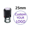 A black self-inking stamp with a clear cylinder, showing a 25mm size specification.