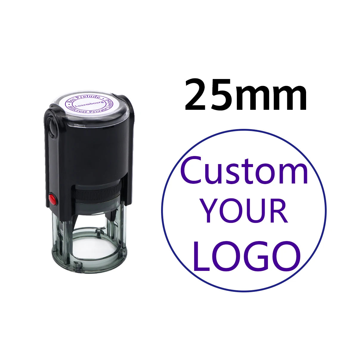 A black self-inking stamp with a clear cylinder, showing a 25mm size specification.