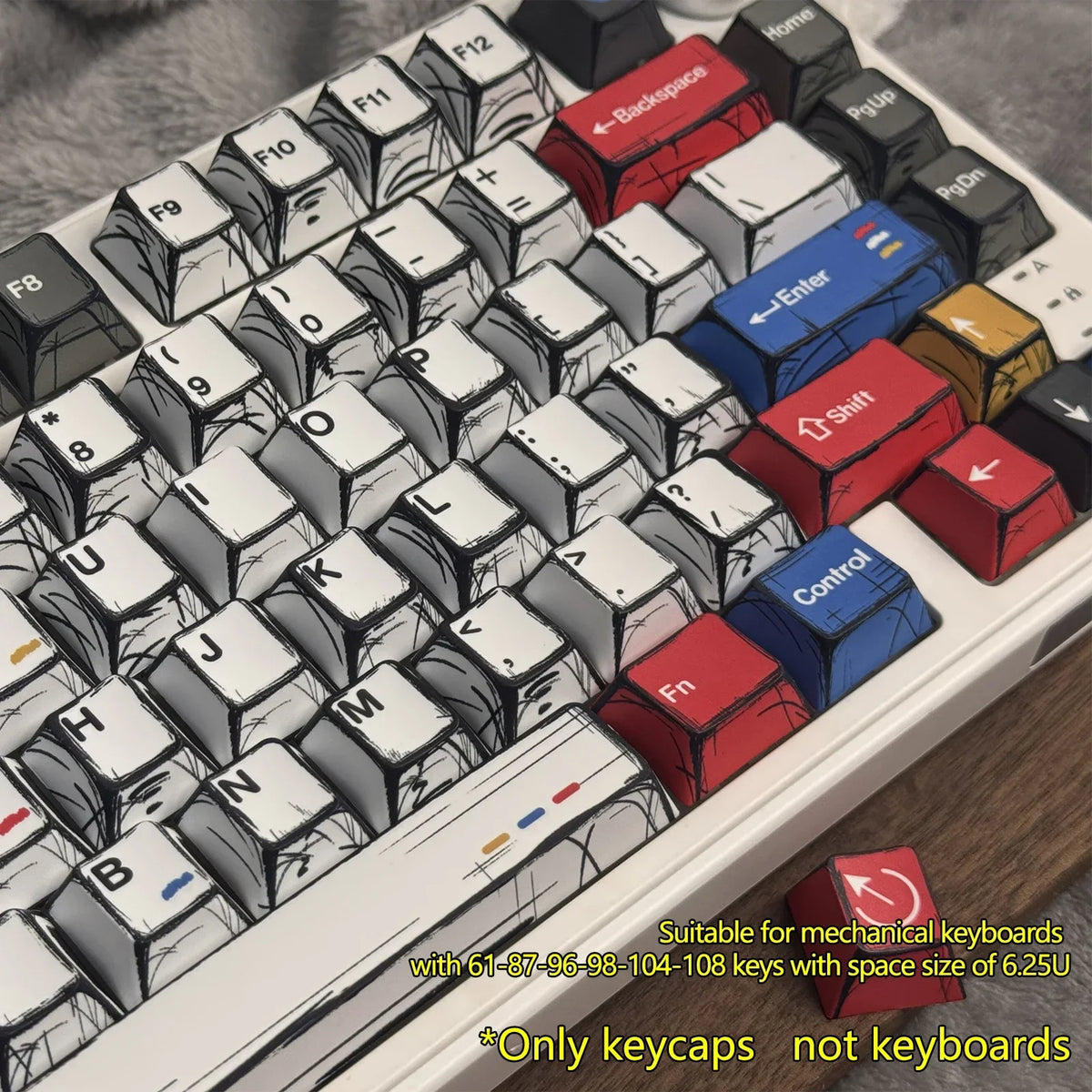 A close-up view of a set of colorful comic style mechanical keycaps for keyboards.