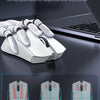 A white ergonomic mouse shown with three different grip styles: Plank Grip, Finger Grip, and Grasp.