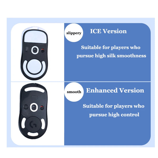 Two versions of mouse skates are shown: ICE Version and Enhanced Version, designed for different levels of smoothness and con