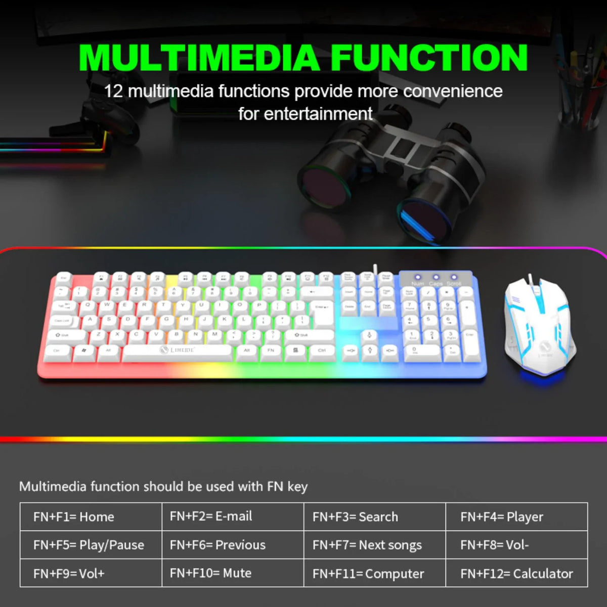 RGB backlit wired keyboard and mouse combo with multimedia functions