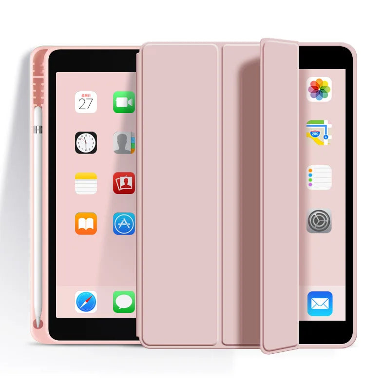 A pink premium TPU protective case for an iPad, shown closed and open.