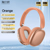A pair of rose gold over-ear headphones with a pink ear cup shown against a light blue background.