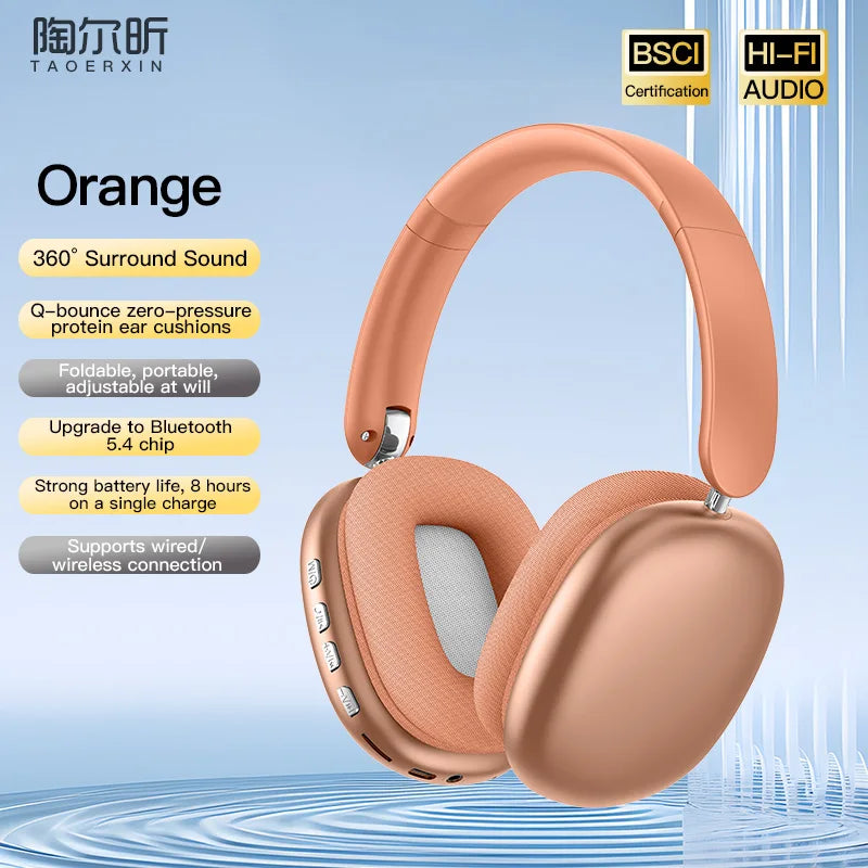 A pair of rose gold over-ear headphones with a pink ear cup shown against a light blue background.