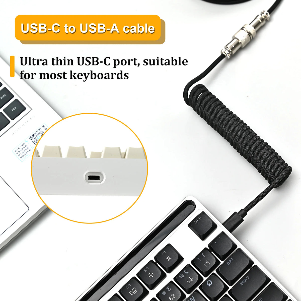 A black braided USB-C to USB-A cable is shown next to a laptop and keyboard, illustrating its use for connecting keyboards.