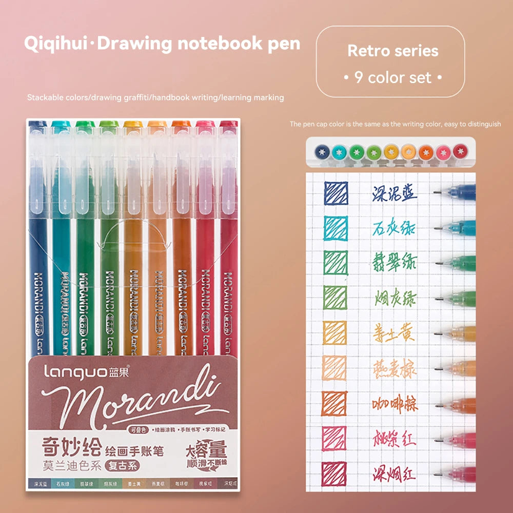 A set of Morandi gel pens in various colors displayed alongside a notebook and pen packaging.
