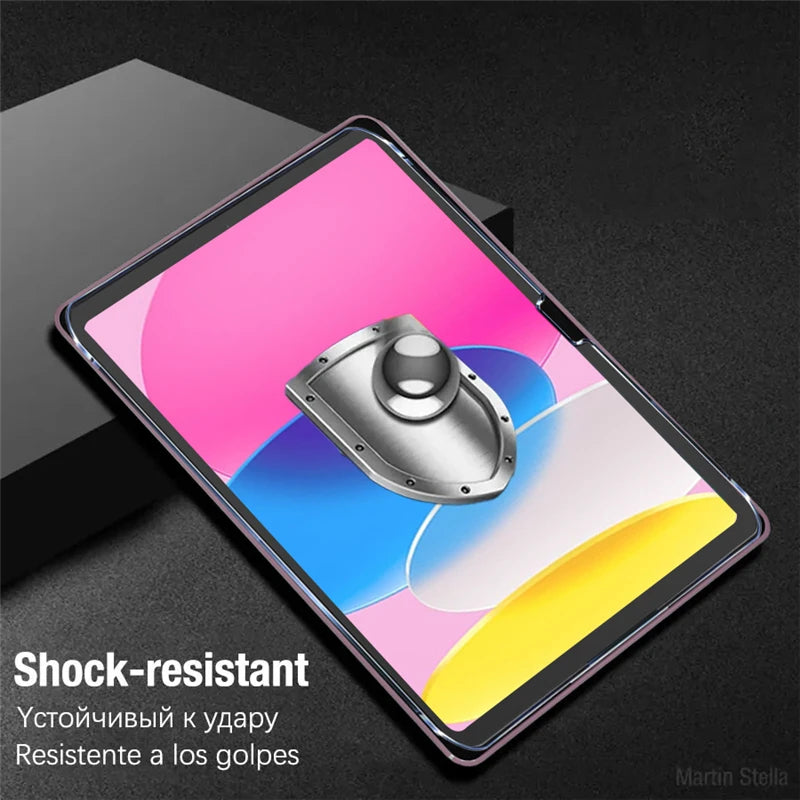 A close-up view of a shock-resistant tempered glass screen protector applied to an iPad display.