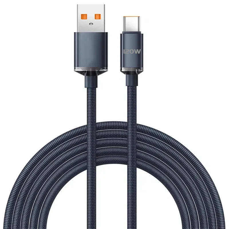 A black braided nylon USB-C to USB-C fast charging cable with connectors shown against a white background.