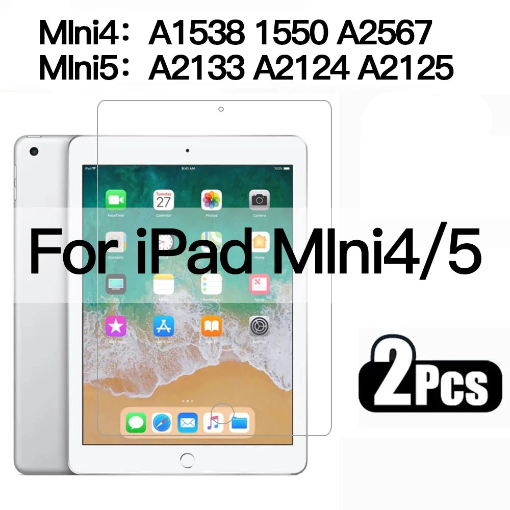 Tempered glass screen protectors for iPad Mini 4 and 5, showing various model numbers.