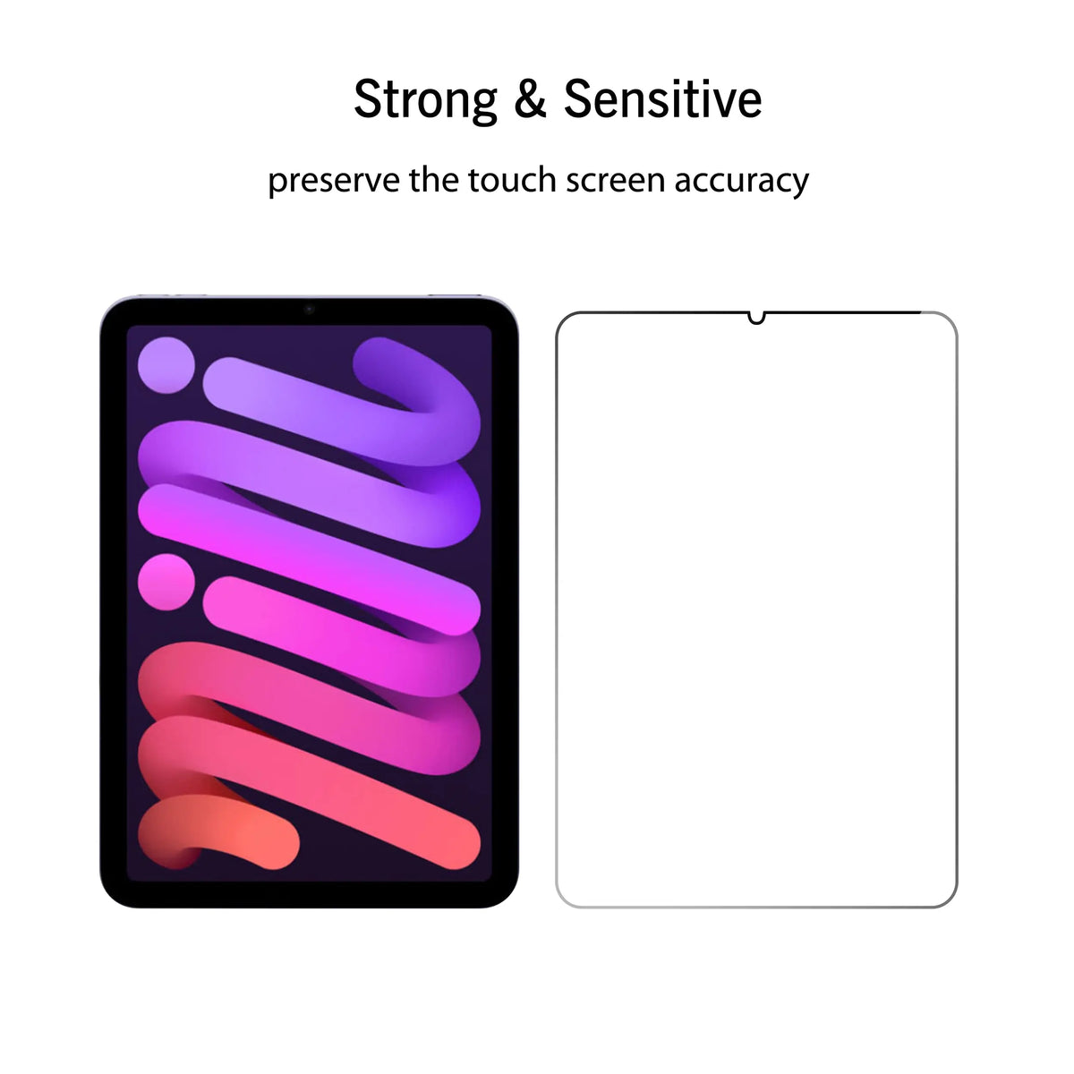 A vibrant purple and pink tempered glass screen protector for an iPad Mini, emphasizing strong and sensitive touch screen acc