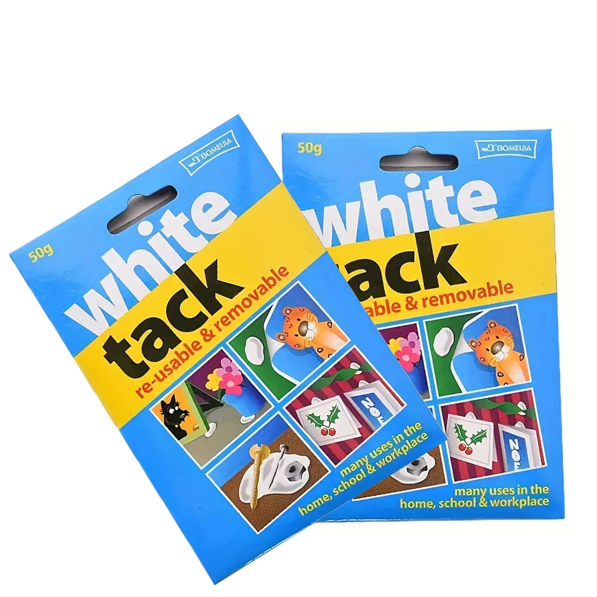 A package of White Tack reusable and removable sticky adhesive putty in a blue and yellow design.
