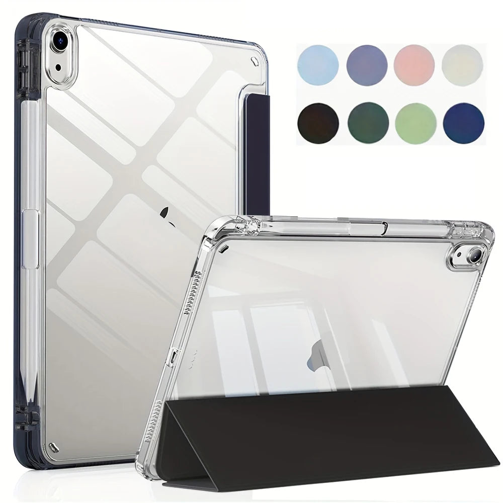 A clear protective skin for an iPad case shown alongside various color options and a black stand.