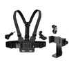 Black adjustable phone clip holder with a chest strap for securing a device.