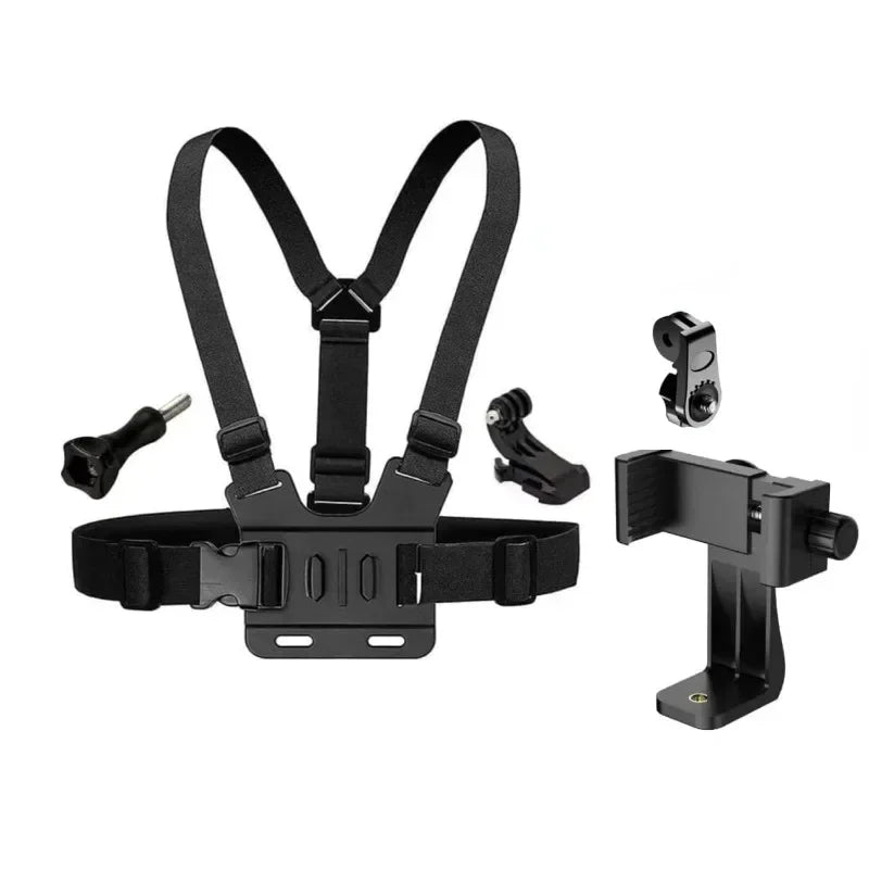 Black adjustable phone clip holder with a chest strap for securing a device.