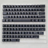 A clear plastic case containing a full set of dark blue PBT keycaps for a mechanical keyboard