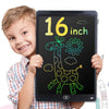 A smiling boy holds a 16-inch multi-color LCD drawing tablet showing a green dinosaur outline.