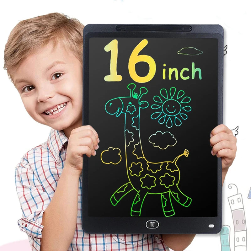 A smiling boy holds a 16-inch multi-color LCD drawing tablet showing a green dinosaur outline.