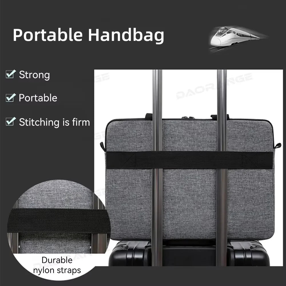 A portable handbag shown with strong stitching and durable nylon straps, featuring a gray fabric and black accents.