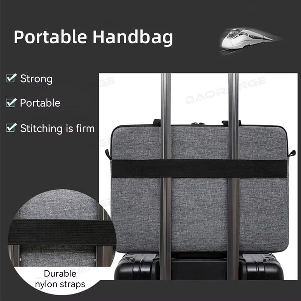 A portable handbag shown with strong stitching and durable nylon straps, featuring a gray fabric and black accents.