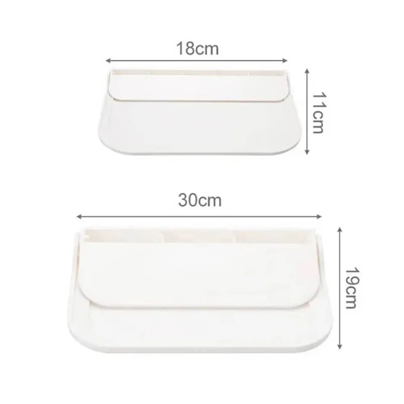 White foldable wall shelf with dimensions 18cm by 11cm and 30cm by 19cm.