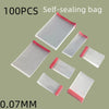 A collection of 100 self-sealing transparent plastic bags with pink edges arranged in a pyramid shape.