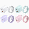 A set of 20W dual-port USB-C fast charging cables in white, mint green, lavender, and pink colors.