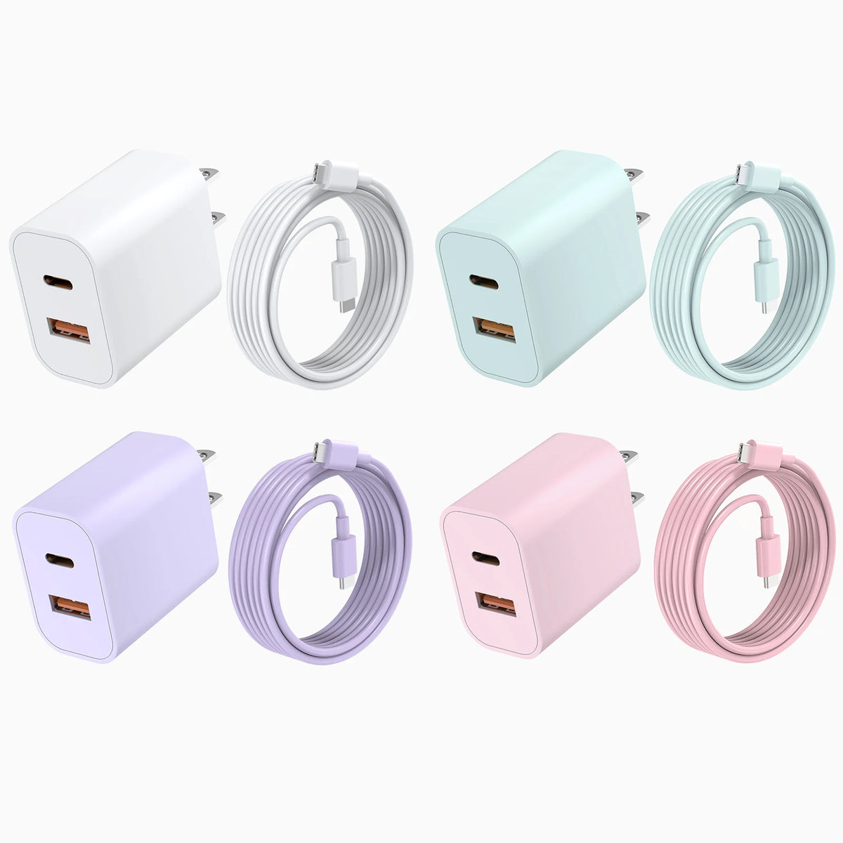 A set of 20W dual-port USB-C fast charging cables in white, mint green, lavender, and pink colors.
