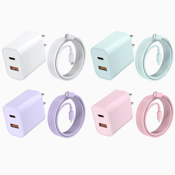 A set of 20W dual-port USB-C fast charging cables in white, mint green, lavender, and pink colors.