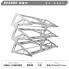 A silver metal keyboard display stand with a truss design for mechanical keyboards.