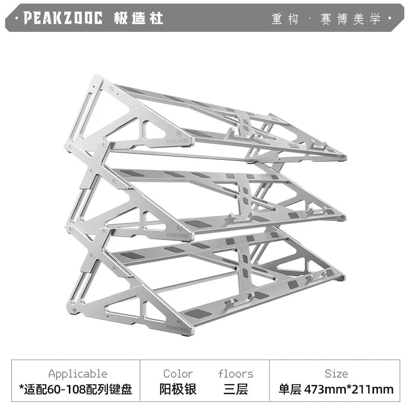 A silver metal keyboard display stand with a truss design for mechanical keyboards.