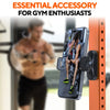 A magnetic phone holder is attached to a gym rack, demonstrating a hands-free accessory for gym enthusiasts.