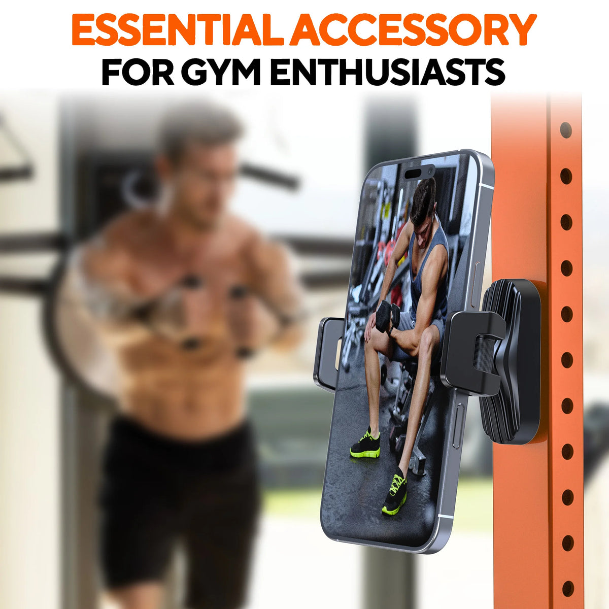 A magnetic phone holder is attached to a gym rack, demonstrating a hands-free accessory for gym enthusiasts.