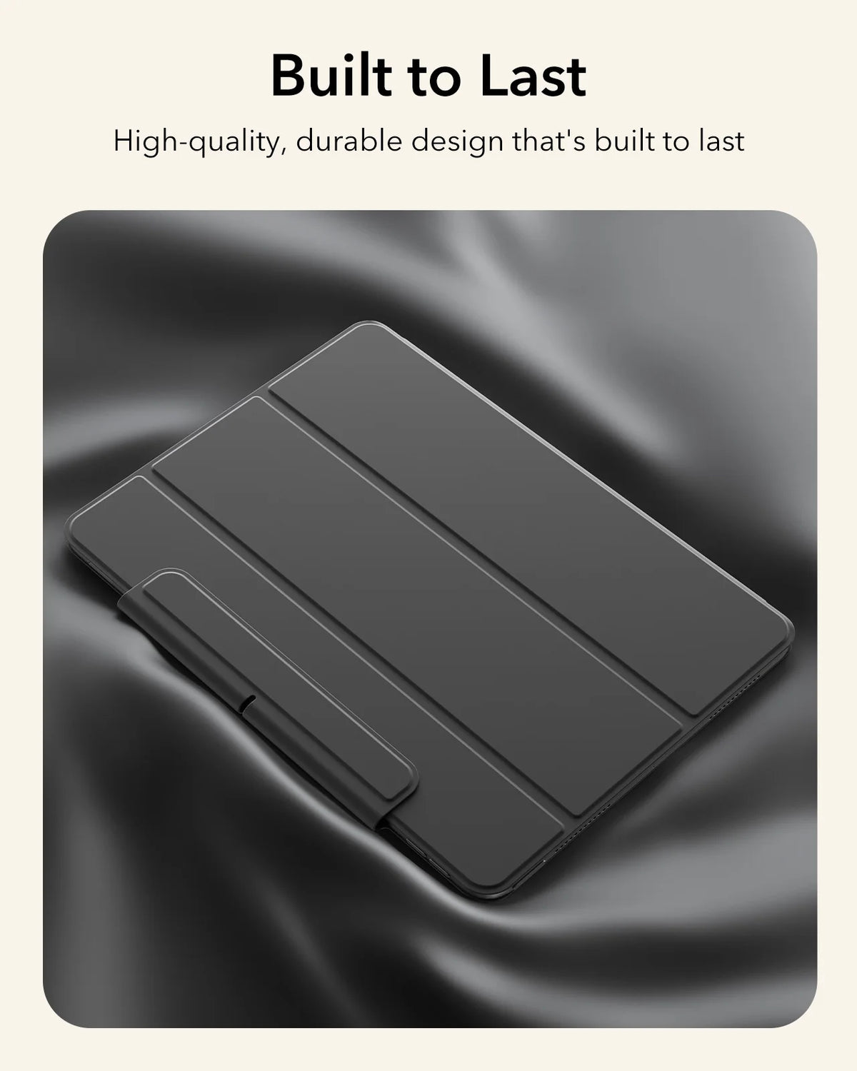 A black magnetic folio case for an iPad Air shown in a close-up, angled view against a dark background.