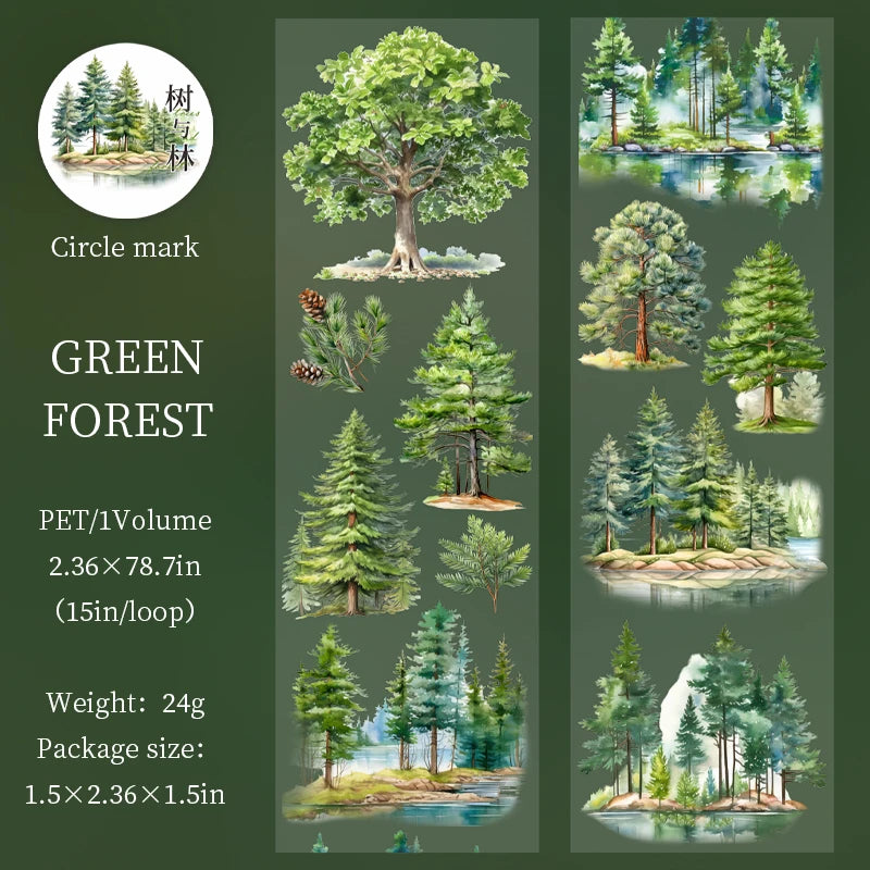 Green Forest PET tape in a circle mark design featuring various evergreen trees and forest scenes.